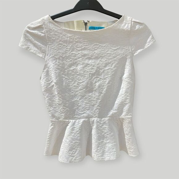 ALICE + OLIVIA  Cap Sleeve Peplum White Top‎ Braided Ribbon Back Petite XS - Picture 1 of 10